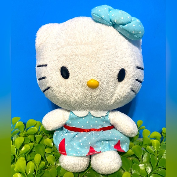 HELLO KITTY VTG 2014 BEANIE PLUSH WEARIG BLUE & RED DRESS w/WHITE POLK-A-DOTS 7” - Picture 2 of 12